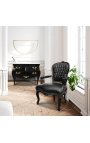 Fauteuil baroque de style Louis XV simili cuir noir avec strass et bois noir