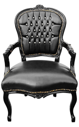 Baroque armchair of Louis XV black leatherette with rhinestones and black wood