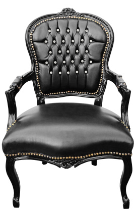 Barokke fauteuil van Louis XV zwart kunstleer met strass steentjes en zwart hout