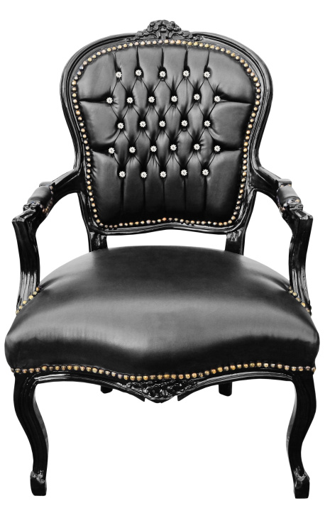 Барокко кресло Louis XV черный кожзам с стразов и черного дерева