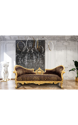 Barokke bank in Napoleon III medaillonstijl met luipaardstof en goudkleurig hout