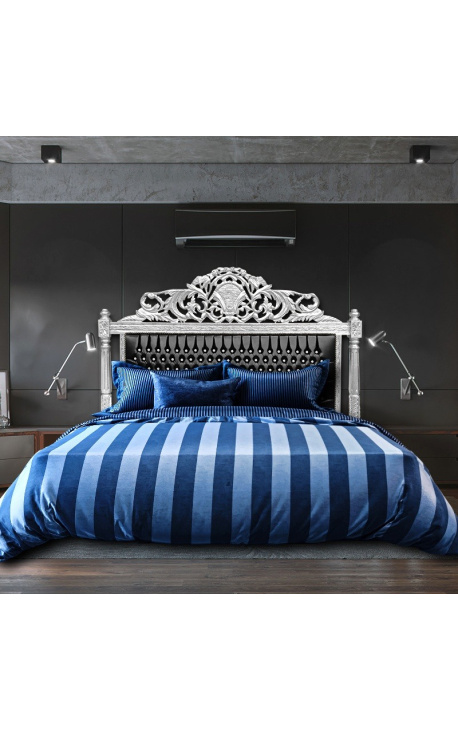 Tête de lit Baroque tissu simili cuir noir avec cristaux et bois argenté