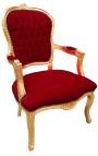 Barokinis Liudviko XV stiliaus raudono bordo aksomo ir aukso medienos fotelis