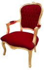 Fauteuil baroque de style Louis XV tissu velours rouge Bordeaux et bois doré