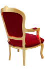 Fauteuil baroque de style Louis XV tissu velours rouge Bordeaux et bois doré