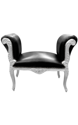 Barokkipenkki Louis XV Tyyli musta nahka ja hopea puu