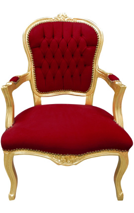 Barokinis Liudviko XV stiliaus raudono bordo aksomo ir aukso medienos fotelis