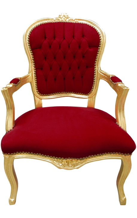 Fauteuil baroque de style Louis XV tissu velours rouge Bordeaux et bois doré