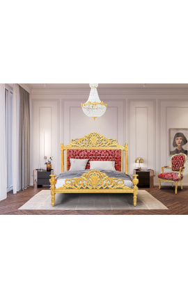 Letto barocco &quot;Gobelins&quot; tessuto raso rosso e legno dorato