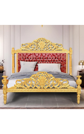 Llit tela barroca "Gobelins" ras vermell i fusta daurada