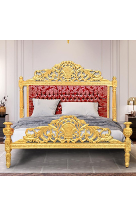 Letto barocco in tessuto satinato rosso "Gobelins" e legno dorato