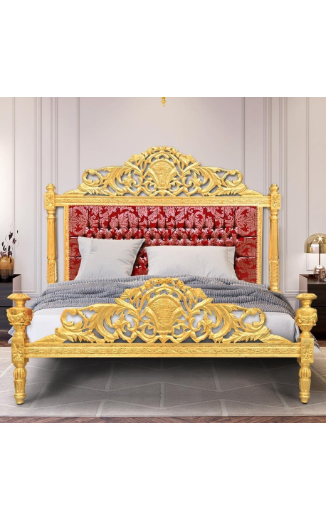 Lit Baroque tissu "Gobelins" satiné rouge et bois doré