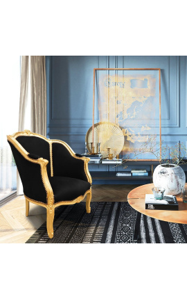 Fotel Bergere w stylu Ludwika XV czarny aksamit i złote drewno