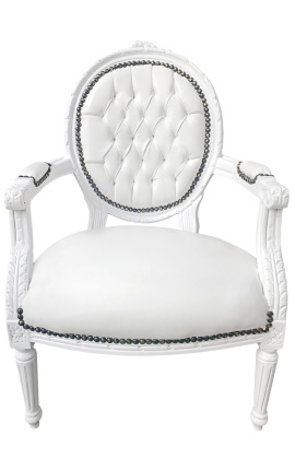 Fauteuil Louis XVI de style baroque simili cuir blanc et bois blanc