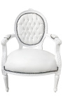 Baroka atzveltnes krēsls Luija XVI stila medaljons no mākslīgās baltas ādas un balti lakota koka 