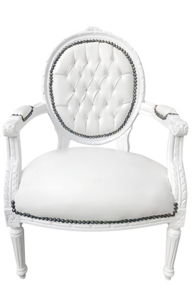 Barocker Sessel im Louis XVI-Stil mit Medaillon aus künstlichem weißem Leder und weiß lackiertem Holz 