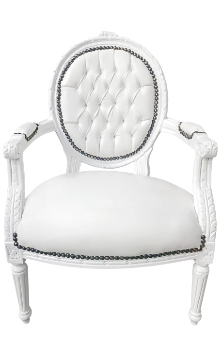 Baroque armchair Louis XVI style medallion in false white leather skin and white lacquered wood 
