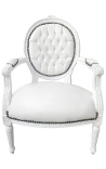 Barocker Sessel im Louis XVI-Stil mit Medaillon aus künstlichem weißem Leder und weiß lackiertem Holz 
