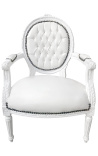 Baroque armchair Louis XVI style medallion in false white leather skin and white lacquered wood 