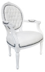 Barocker Sessel im Louis XVI-Stil mit Medaillon aus künstlichem weißem Leder und weiß lackiertem Holz 