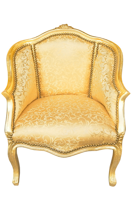 Bergere-Sessel im Louis-XV-Stil aus goldenem Satinstoff mit goldenem Holz