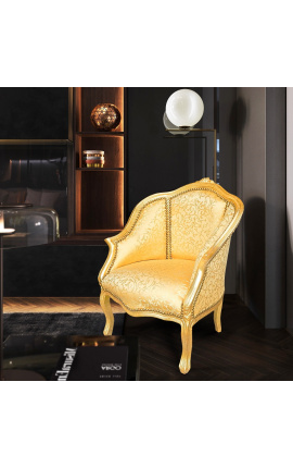 Bergere fotelis Louis XV stiliaus auksinis satino audinys su aukso medžiu