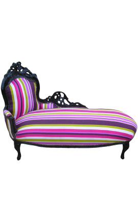 Grande méridienne baroque tissu rayé multicolore et bois laqué noir