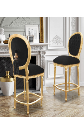 Bāra krēsls Louis XVI stila pompons, melns samta audums un zelta koks