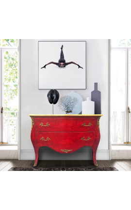 Μεγάλη μπαρόκ συρταριέρα κόκκινη φτελιά στυλ Louis XV, χρυσά μπρονζέ
