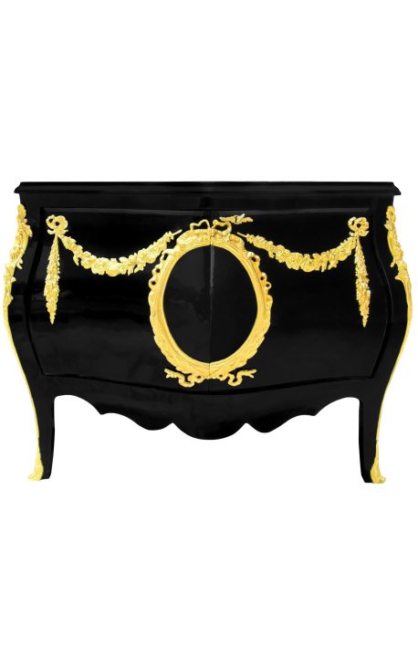 Commode Buffet baroque Italienne de style Louis XIV noire avec bronzes dorés