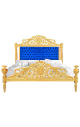 Barok bed donkerblauwe fluwelen stof en goud hout