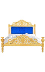 Cama barroca tela de terciopelo azul oscuro y madera de oro