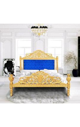 Cama barroca tela de terciopelo azul oscuro y madera de oro