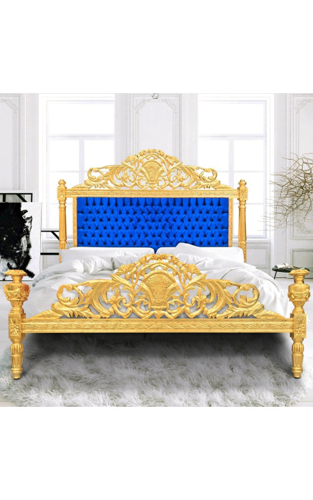 Barok bed donkerblauwe fluwelen stof en goud hout