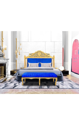 Barokkityylinen sängynpääty tummansininen samettikangas ja kultapuu