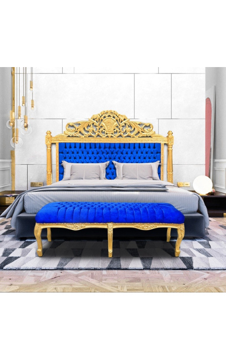 Barok hoofdeinde bed donkerblauw fluwelen stof en goud hout
