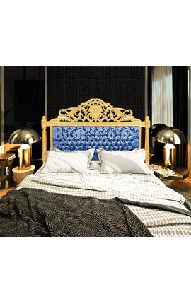 Tête de lit Baroque tissu &quot;Gobelins&quot; satiné bleu et bois doré