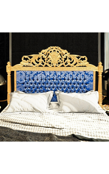 Baroque headboard "Gobelins" blue satin fabric and gold wood