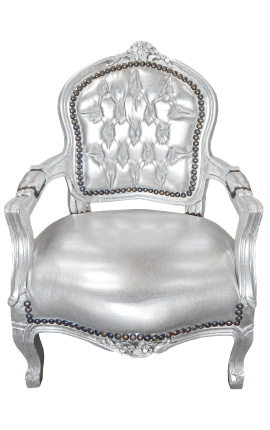 Fotel w stylu barokowym dla dziecka srebrna ekoskóra i srebrne drewno