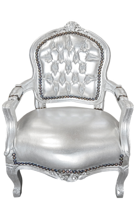 Fauteuil baroque enfant simili cuir argent et bois argent