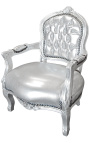Fotel barokowy dla dziecka srebrna sztuczna skóra i srebrne drewno