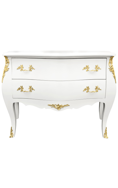 Baroque chest of drawers (commode) of style white Louis XV with 2 drawers and gold bronzes