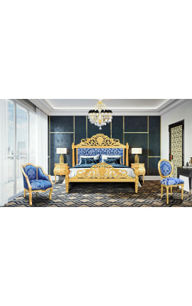 Barokna postelja modra &quot;Šablone&quot; satenske tkanine in zlato les