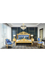 Cama barroca "Gobelins" tecido acetinado azul e madeira dourada