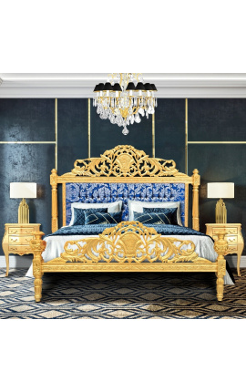 Barokni krevet plava "Zvezde" satinska tkanina i zlatno drvo