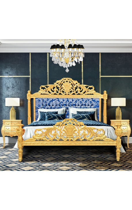 Lit Baroque tissu satiné bleu "Gobelins" et bois doré