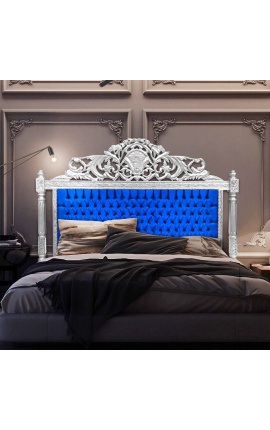 Baroque bed headboard blue velvet fabric and silver wood
