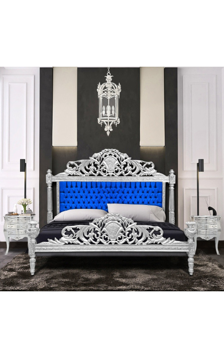 Letto barocco tessuto in velluto blu e legno argento