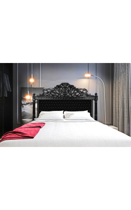 Baroque bed headboard black velvet with rhinestones and black lacquered wood.