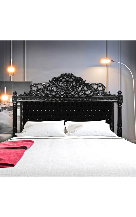 Барокко кровать изголовьем черный бархат с кристаллами и черной лакированной древесины.